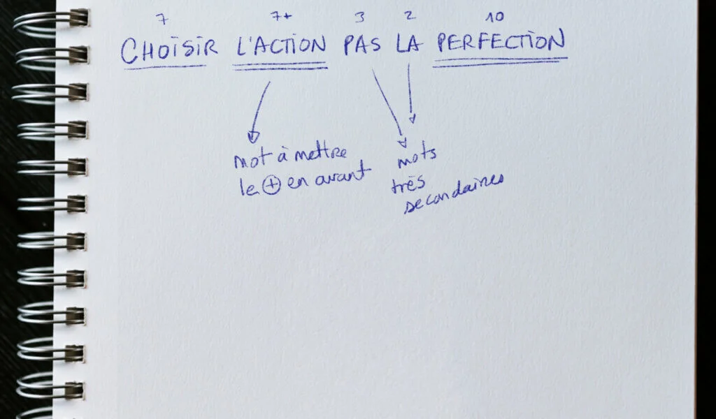 cap letter écrit dans son carnet la phrase "choisir l'action pas la perfection" avec le nombre de lettre au dessus de chaque mot. Elle souligne les mots forts les mots à mettre en avant (l'action et perfection) et les secondaires (pas et la)