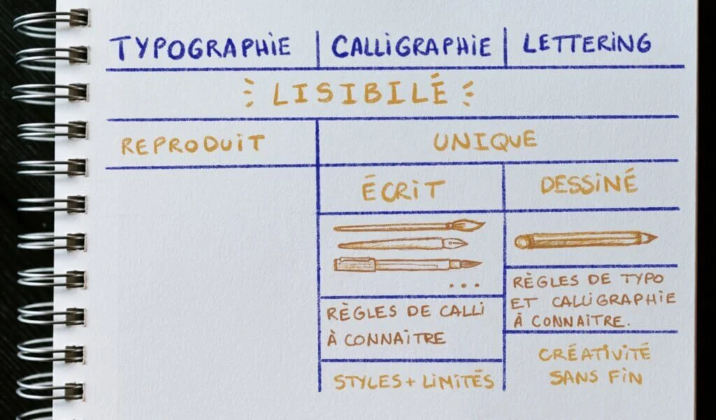 Marie de Cap Letter te présente un tableau qui te montre la différence entre calligraphie et lettering