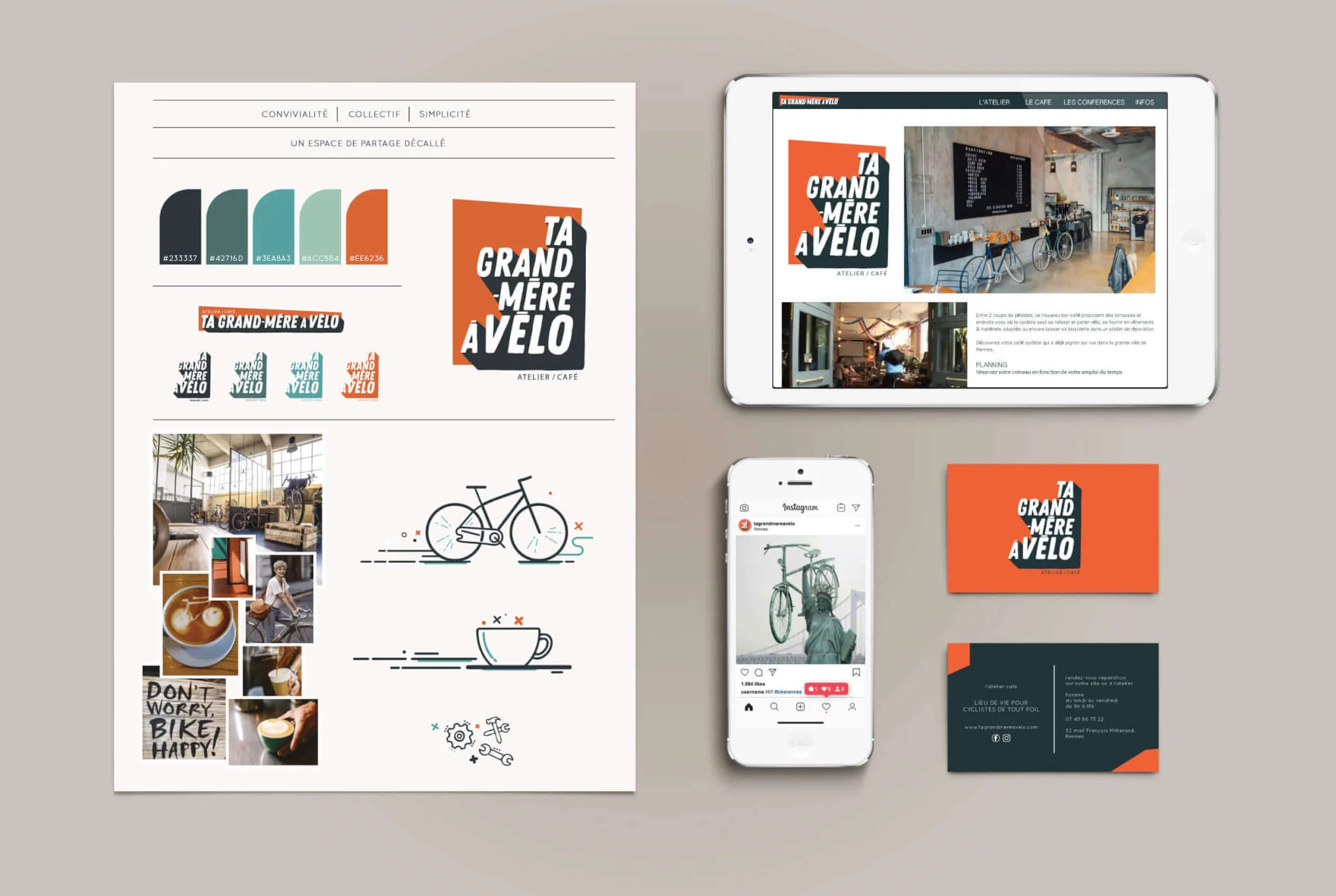 visuel de la planche de recherche pour l'identité visuelle pour le café vélo ta grand mère à vélo