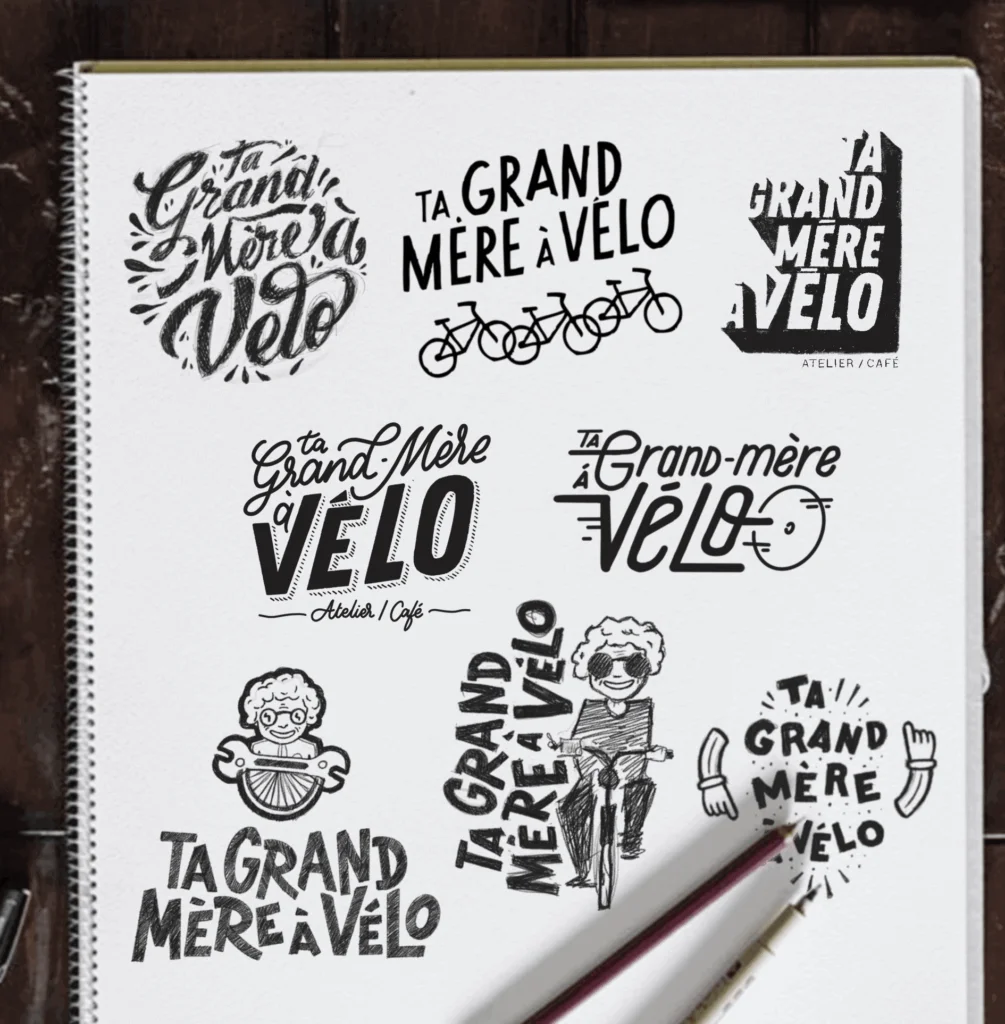 différents essais de logo pour ta grand mère à vélo, le lettering y est très présent et on peu voir toutes les recherches de cap letter